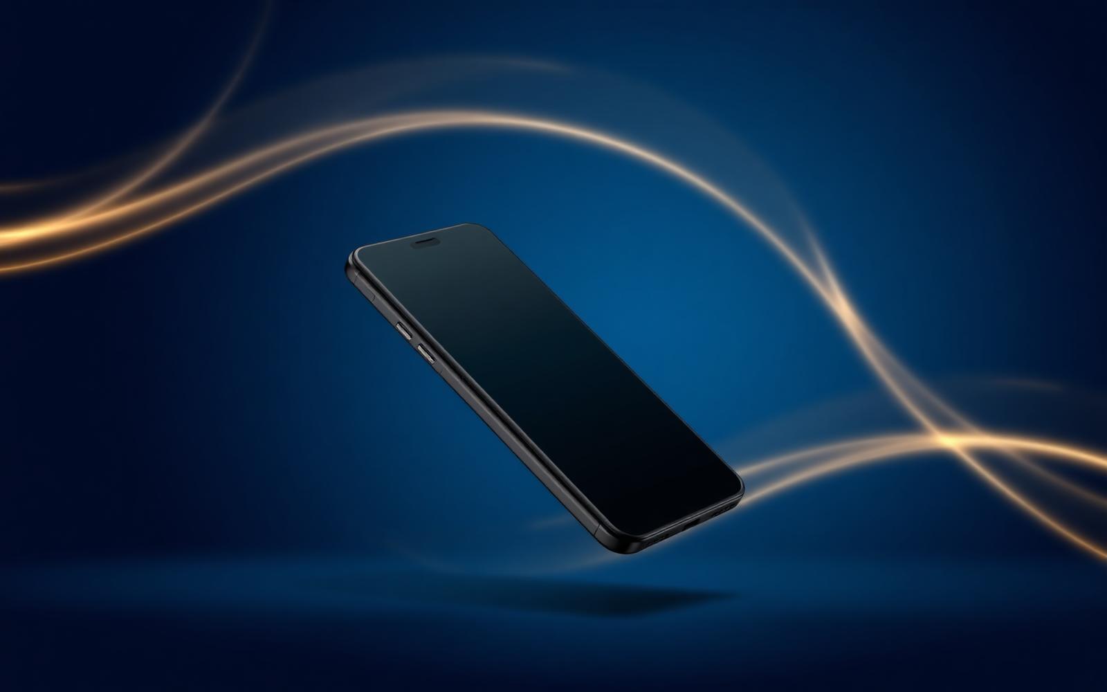 Latest smartphone with gold light streaks on navy blue